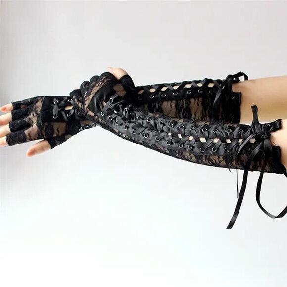 COPY - Long Fingerless Lace Gloves Corset Ties Gothcore Rock Dark Glam Cosplay … - Picture 2 of 3